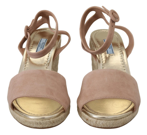 Prada Pink Suede Leather Wedge Sandals for Women – Ankle Strap Espadrille Heels